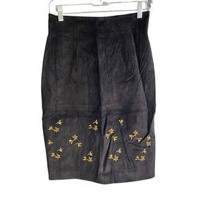Vintage Pia Rucci Suede Leather Skirt Women's Size 10 Black Embroidered Beaded